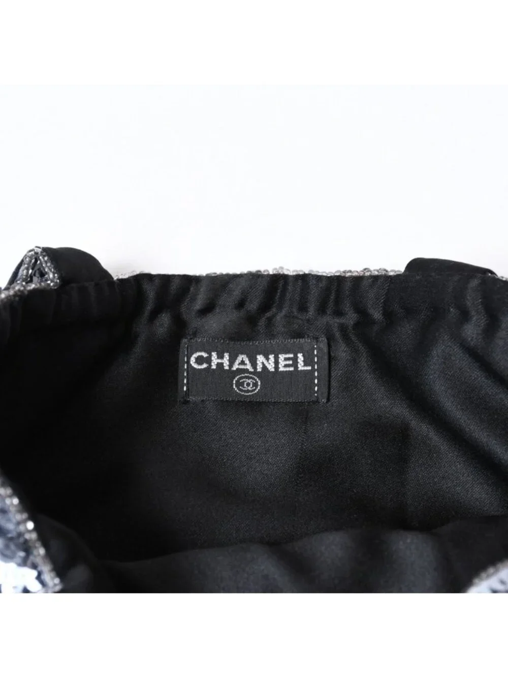 Chanel Sequin Handbag CC Logo Rhinestone Silver Clear